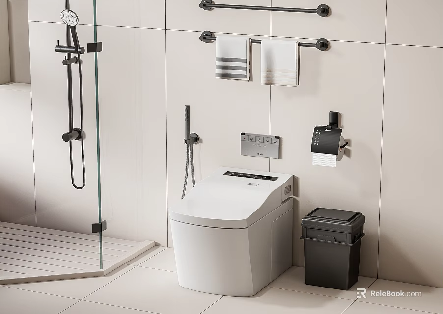 Modern Bathroom Toilet With White Tiles Towel Rack And Trash Bin 3d model 
