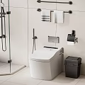 Modern Bathroom Toilet With White Tiles Towel Rack And Trash Bin