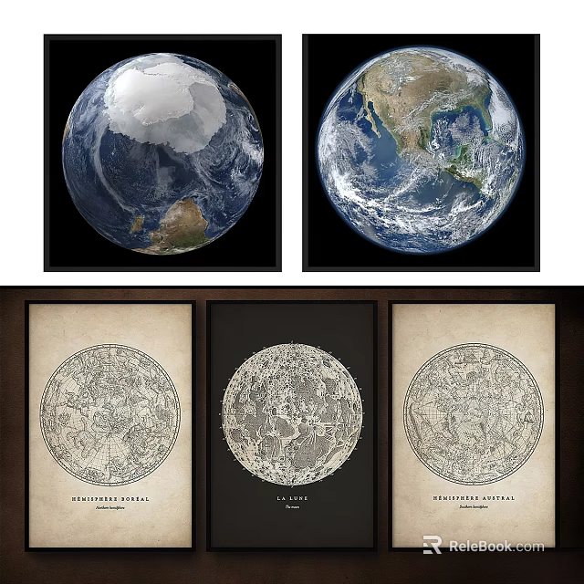 Decorative Frames With Earth And Moon Prints For Home Wall Art 3d model 