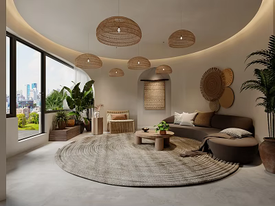 Cozy Living Room With Woven Pendant Lights Round Woven Rug Large Windows And City View 3d model