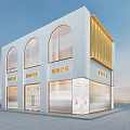 Modern Boutique Storefront Design With Arched Glass Windows Golden Accents And Double Doors
