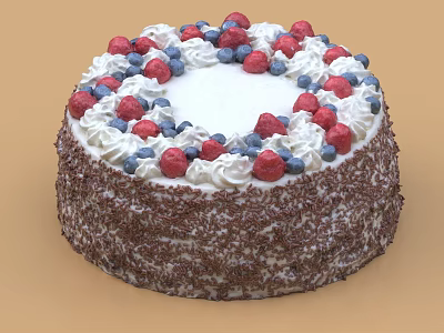 Delicious Round Cake With Chocolate Shavings Whipped Cream Fresh Strawberries And Blueberries 3d model