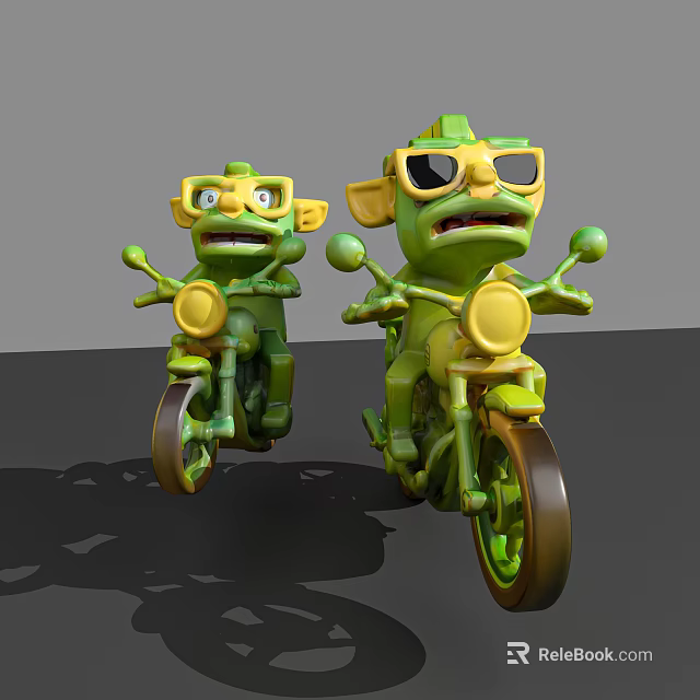 Green Animated Game and Movie Characters Wearing Yellow Sunglasses Riding Motorcycles 3d model 