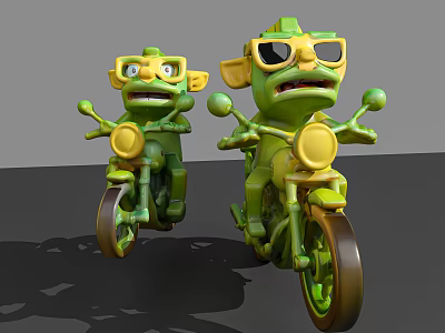 Green Animated Game and Movie Characters Wearing Yellow Sunglasses Riding Motorcycles 3d model