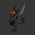 Game Fantasy Warrior Character Horned Muscular Build With Blue Scimitars And Beard