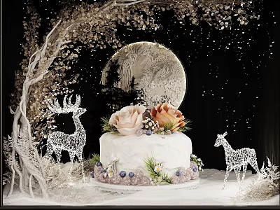 Decorative Ornament Set With Cake Roses Deer Moon Branch And Purple Flowers 3d model