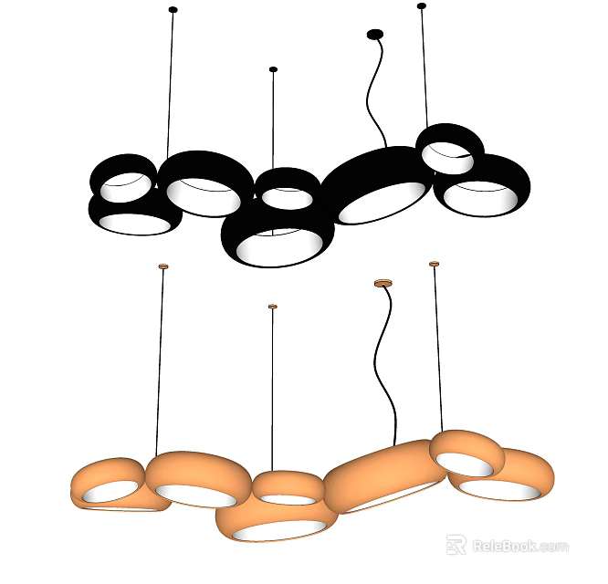 Multiple Black And Orange Hanging Pendant Lights With Circular And Oval Shapes 3d model 