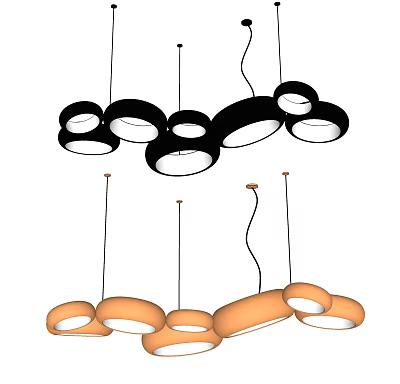 Multiple Black And Orange Hanging Pendant Lights With Circular And Oval Shapes 3d model