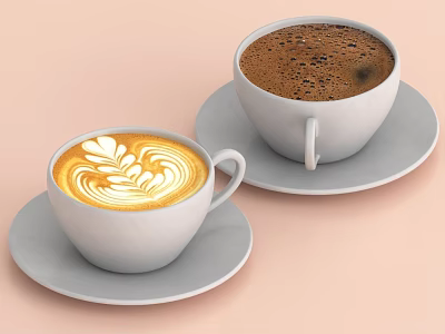 Two White Cups Of Coffee Featuring Latte Art And Black Coffee On Light Pink Background 3d model