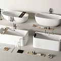 Modern White Bathtubs Interior Display With Faucets Towels Slippers And Bath Accessories