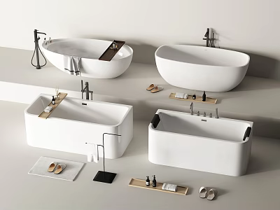 Modern White Bathtubs Interior Display With Faucets Towels Slippers And Bath Accessories 3d model