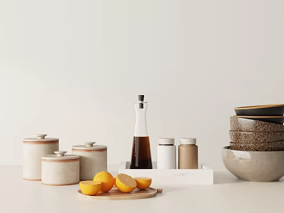 Stylish Kitchenware Display on White Countertop with Ceramic Jars Oil Bottle and Stacked Bowls 3d model