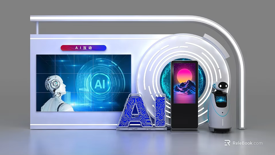 Modern AI Exhibition Island With Digital Screens Robot Avatar And Tech Displays 3d model 