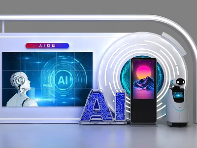 Modern AI Exhibition Island With Digital Screens Robot Avatar And Tech Displays 3d model