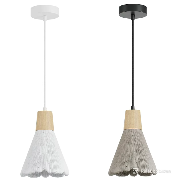 Two Modern Pendant Lights With Wooden Tops And Textured White Gray Shades 3d model 