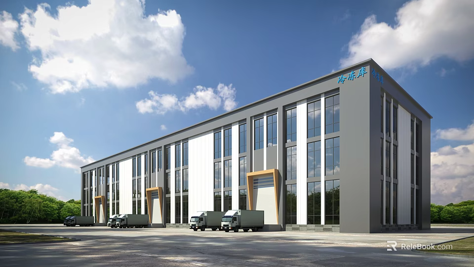 Modern Industrial Factory Exterior Design With Large Glass Windows Delivery Trucks And Spacious Yard 3d model 