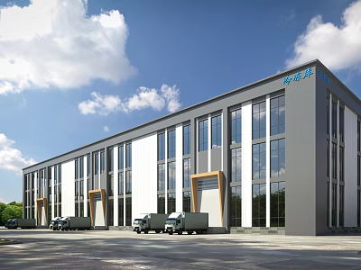 Modern Industrial Factory Exterior Design With Large Glass Windows Delivery Trucks And Spacious Yard 3d model