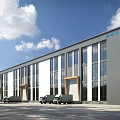 Modern Industrial Factory Exterior Design With Large Glass Windows Delivery Trucks And Spacious Yard