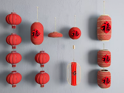 Traditional Red Chinese Lanterns With Fu Character Hanging Decorations Various Styles 3d model