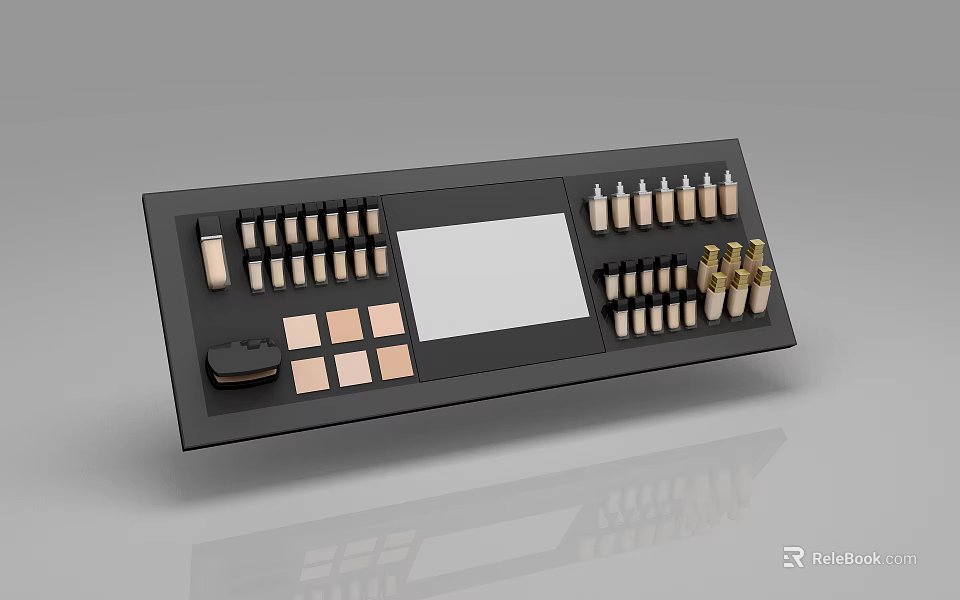 Stylish Cosmetic Display Shelf with Eyeshadow Palettes Lipsticks Small Bottles and Central Mirror 3d model 