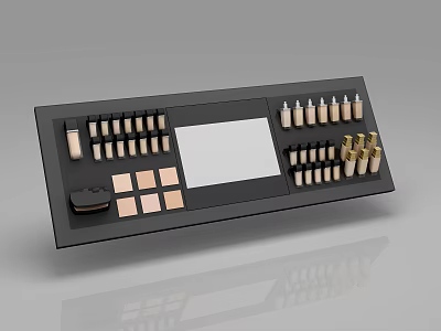 Stylish Cosmetic Display Shelf with Eyeshadow Palettes Lipsticks Small Bottles and Central Mirror 3d model