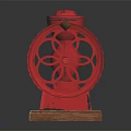 Red Manual Kitchen Grinder Appliance with Wooden Base and Decorative Wheel Design