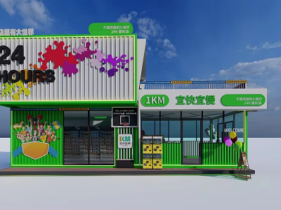 Container Convenience Store Featuring 24 Hours Service Green Frame And Colorful Splash Patterns 3d model
