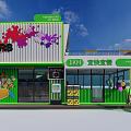 Container Convenience Store Featuring 24 Hours Service Green Frame And Colorful Splash Patterns 3d model