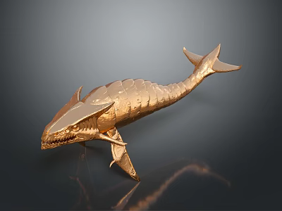 Golden Whale Sculpture With Metallic Scaled Texture And Reflective Surface On Dark Background 3d model