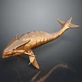 Golden Whale Sculpture With Metallic Scaled Texture And Reflective Surface On Dark Background