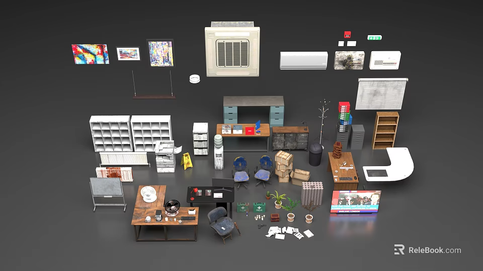 Organized Office Desk Setup with Ergonomic Chair Stationery Bookshelf and Potted Plant in Workspace 3d model 