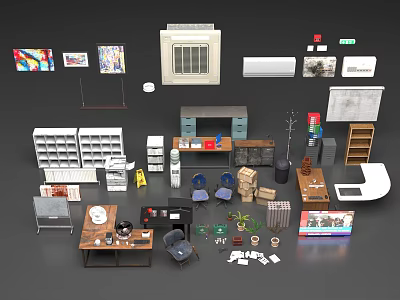 Organized Office Desk Setup with Ergonomic Chair Stationery Bookshelf and Potted Plant in Workspace 3d model