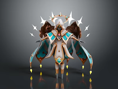 Woman With Divine Brown And Blue Wings Star Decorations Halo And Gems In 3d model