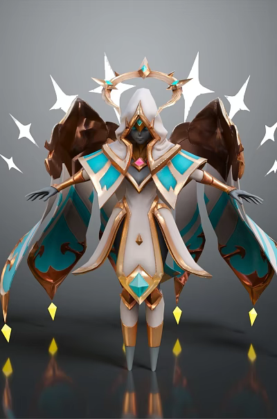 Woman With Divine Brown And Blue Wings Star Decorations Halo And Gems In 3d model