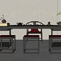 Minimalist Black Wooden Tea Table Set With Red Cushioned Stools And Tea Ware Decor 3d model