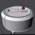 Toy Train Track Set On Circular White Table With Red Rails And Mini Trains 3d model