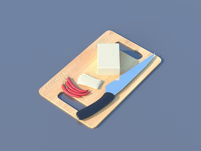 Wooden Cutting Board With Fresh Tofu Red Chili Peppers And Sharp Knife 3d model