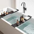 Modern Bathroom Accessories on Bathtub Shelves with Toiletries Towels and Decorative Pieces