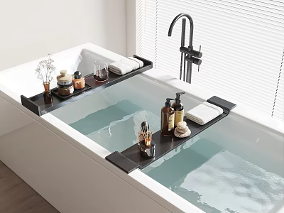 Modern Bathroom Accessories on Bathtub Shelves with Toiletries Towels and Decorative Pieces 3d model