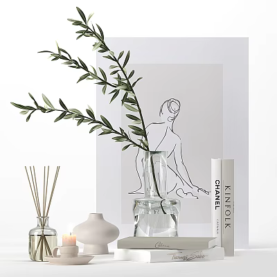 Decorative Ornament Set With Greenery Line Art Print Diffuser Candle Vase And Books 3d model