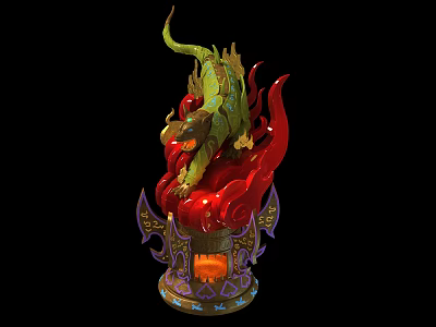 Cartoon Scene Featuring Green Dragon On Red Flames With Purple Decorated Base And Orange Light 3d model