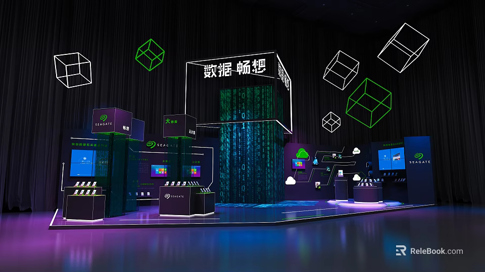 Data Center Digital Scene With Screens Servers And Green Lighting 3d model