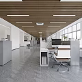 Modern Office Open Space With Large Conference Table Laptop Wooden Wall Green Plant Hanging Lights
