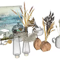 Wooden and Glass Vases with Dried Flowers Sea Grass and Seashells Near Decorative Painting