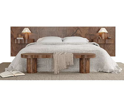 Cozy Double Bed with Wooden Headboard Bedside Tables Table Lamps Bench and Blanket on Rug 3d model