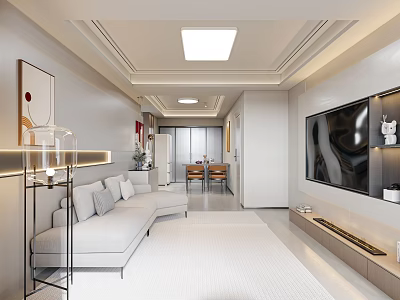 Modern Living Dining Room Interior With Light Grey Sofa TV Wall And Dining Table Set 3d model