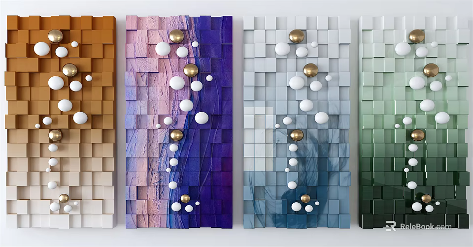 Colorful Textured Square Wall Decor with Gold and White Spheres Modern Design 3d model 