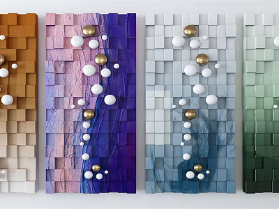 Colorful Textured Square Wall Decor with Gold and White Spheres Modern Design 3d model
