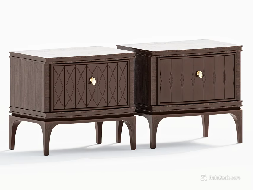 Modern Dark Wooden Nightstands With Drawers Metal Knobs And Tapered Legs Design 3d model 