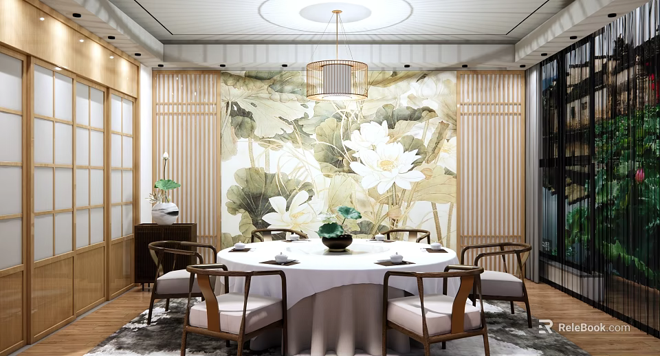 Elegant Private Dining Room Interior With Lotus Mural Round Table White Tablecloth And Wooden Chairs 3d model 